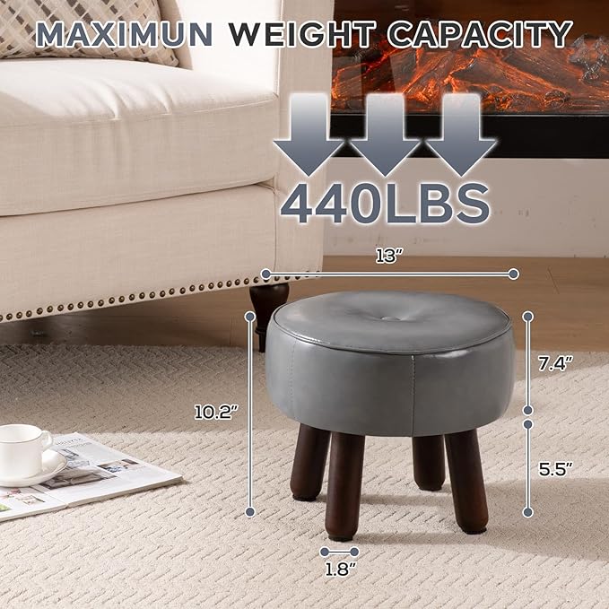 Ottoman, Small Foot Stool, Round Leather Pouf Ottoman, 13''L x 13''W x 10.2''H Foot Rest with Non-Skid Rubber Legs for Living Room Bedroom Couch Entryway, Grey