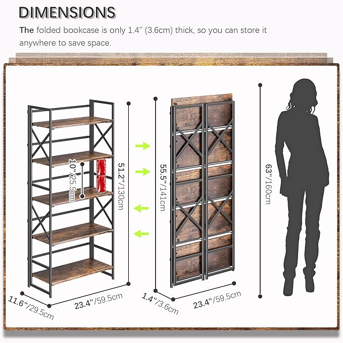 4NM 5 Tiers No Assembly Book Shelves, 51.2" H Folding Bookshelf Bookcase Open Industrial Foldable Shelves for Bedroom, Living Room, Home Office - Rustic Brown Black