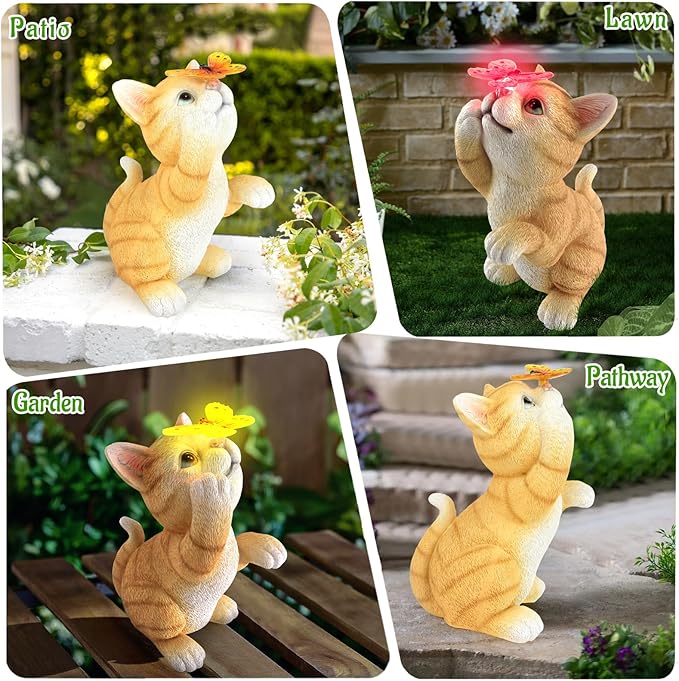 Solar Garden Statue Cat Figurine,Resin Cat Statue Playing Butterfly,Outdoor Decoration for Patio,Balcony,Yard, Lawn-Unique Housewarming Gift for Garden Mom Grandma