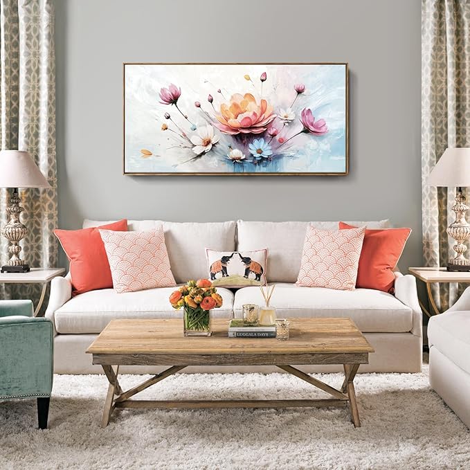 amatop Framed Floral Canvas Wall Art Picture Large Pink Blue Abstract Bloom Bouquet Print with Daisy Peony Elegant Botanical Nature Artwork for Living Room Bedroom Dining Room Entryway Decor 48x24 inch