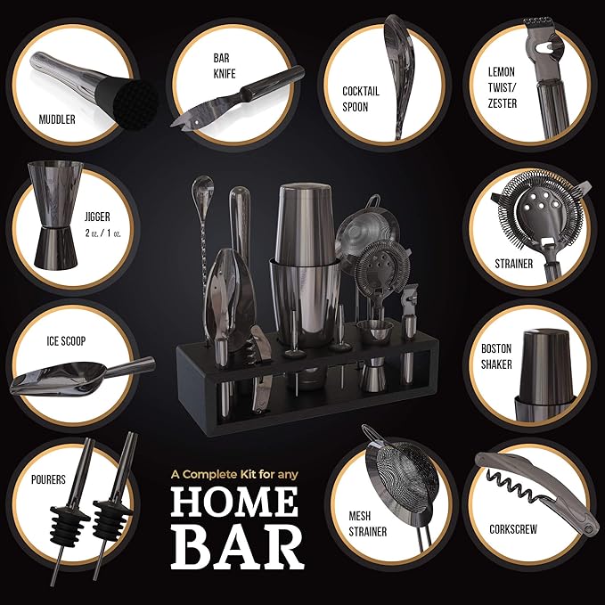 Highball & Chaser 13-Piece Gunmetal Black Stainless Steel Boston Cocktail Shaker Bar Tool Set with Mixology Bartender Kit Accessories