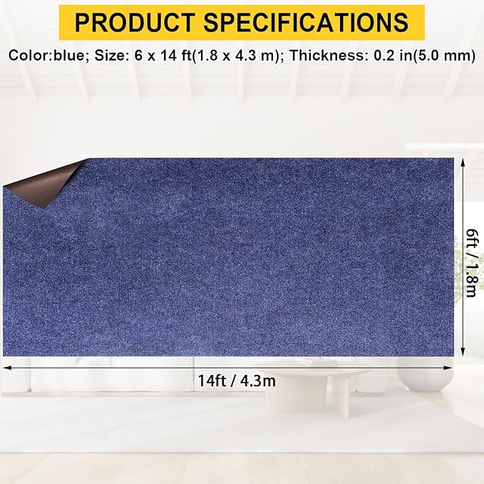 Marine Carpet,6 FT x 14 FT Deep Blue Indoor Outdoor Carpet 0.2" Thick Boat Carpet with Water-Proof TPE Backing, Non-Slide Outdoor Marine Carpet Roll for Home, Patio, Porch, Deck