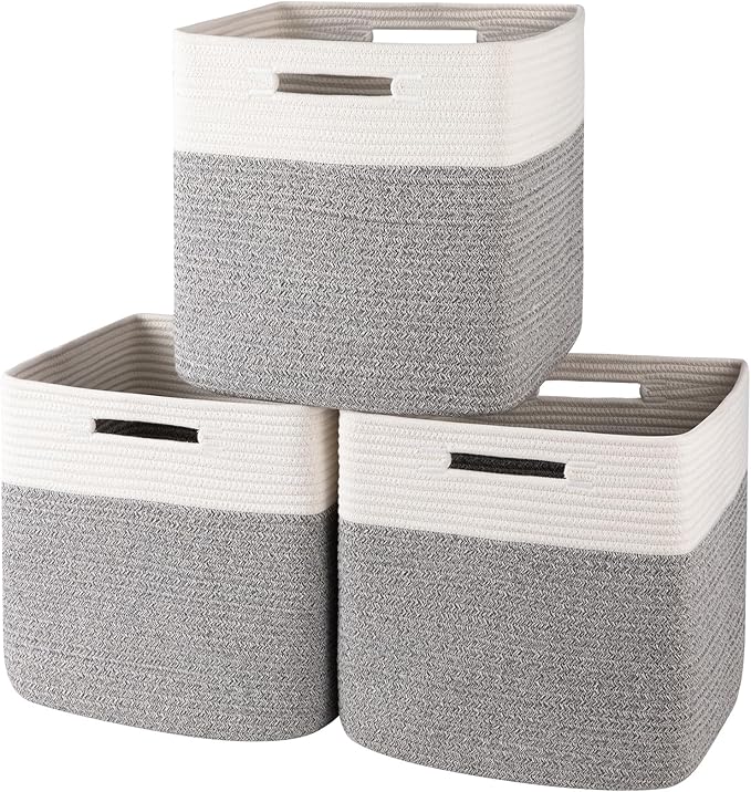 OIAHOMY 13 Kallax Inch Cube Storage Bins, 3-Pack Cotton Rope Woven Baskets for Organizing, Kallax Insert Storage Baskets for Shelves, Baby Nursery, Closet Organizer, 13*13*12.6IN, Grey & White