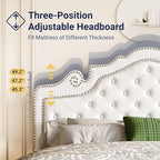 Allewie Full Size Bed Frame with Adjustable Velvet Tiara Headboard, Upholstered Diamond Button Tufted Platform Bed, Wood Slats Support, No Box Spring Needed, White