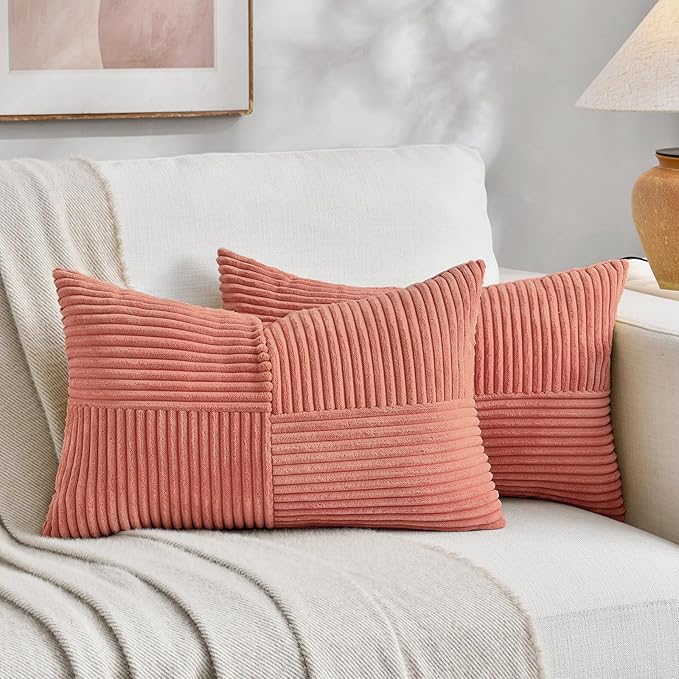 Fancy Homi 2 Packs Coral Long Lumbar Decorative Throw Pillow Covers 12x24 Inch for Couch Bed Sofa, Rustic Farmhouse Boho Home Decor, Soft Striped Corduroy Rectangle Accent Peach Cushion Case 30x60 cm