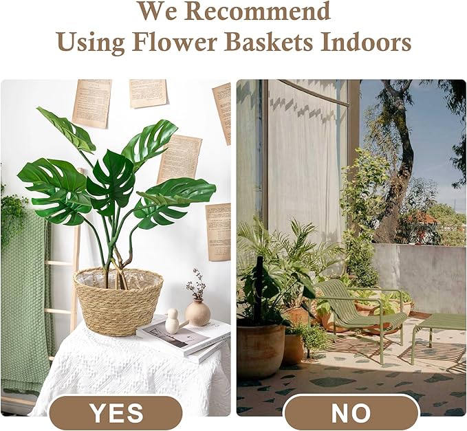 Athaliah Plant Basket Set of 3, Indoor Woven Planter Baskets with Plastic Liner, Water Hyacinth and Corn Husk Decorative Pots for Rustic Home & Floor Plant Decor (Natural Color-3)