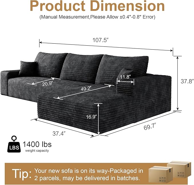 108" Sectional Couches for Living Room Modern Modular Sofa with L-Shape Couchs Upholstered Boneless Couch Deep Seat Sectional Couch with Chaise (Black, Right Facing Chaise+2Seaters)