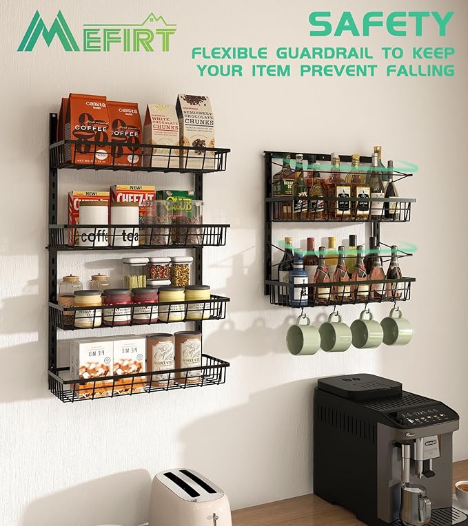 Over The Door Pantry Organizer, Pantry Storage and Organization, 6-Tier Adjustable Hanging Baskets, Metal Wall Mount Spice Rack Seasoning Shelves for Home & Kitchen, Laundry Bathroom - Black