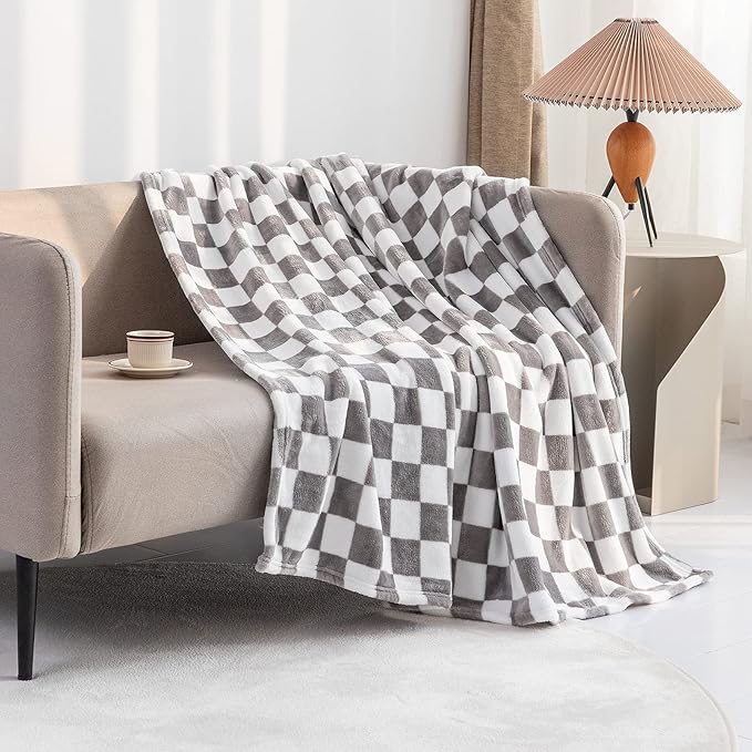 LOMAO Throw Blankets Flannel Blanket with Checkerboard Grid Pattern Soft Throw Blanket for Couch, Bed, Sofa Luxurious Warm and Cozy for All Seasons (Grey, 60"x80")