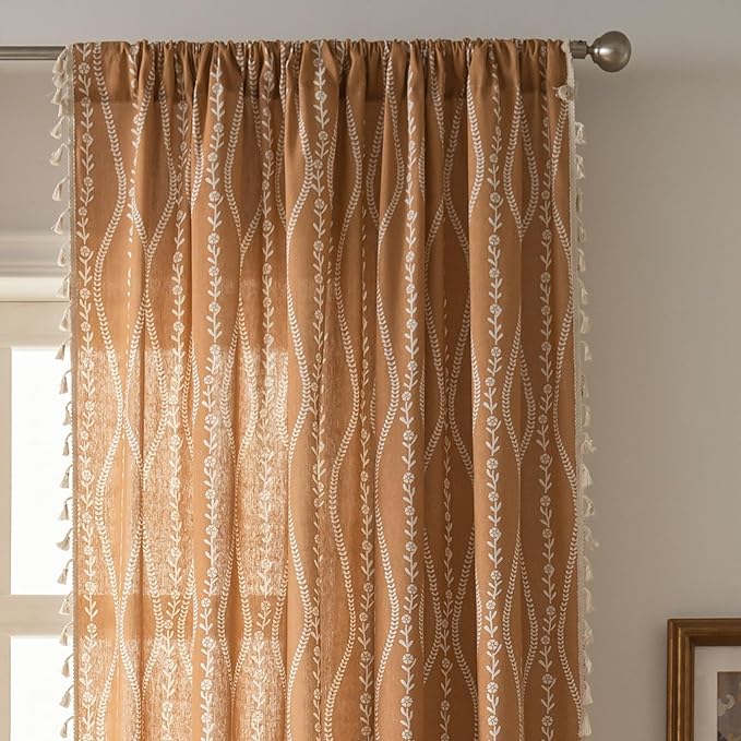 Sutuo Home Boho Curtains 63 Inches Length for Kitchen Bedroom, Printed Cotton Linen Rod Pocket Rustic Farmhouse Bohemian Tassels Window Treatment, 1 Panel 59" W x 63" L, Terracotta Stripe Florals