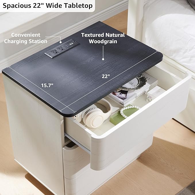 JXQTLINGMU 22" Modern Nightstand with Charging Station, Large Push-to-Open End Table, Wood Bedside Table w/Curved Profile Design, Handleless 3 Drawer Night Stand for Bedroom, Living Room, Off White