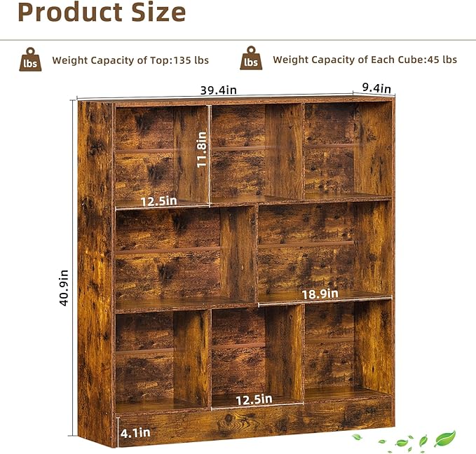 LEYAOYAO 8 Cube Bookshelf with Base,3 Tier Mid-Century Modern Brown Bookcase,Standing Wide Bookshelves Storage Organizer Shelf,Rustic Wood Display Cabinet Book Shelves for Bedroom,Living Room,Office