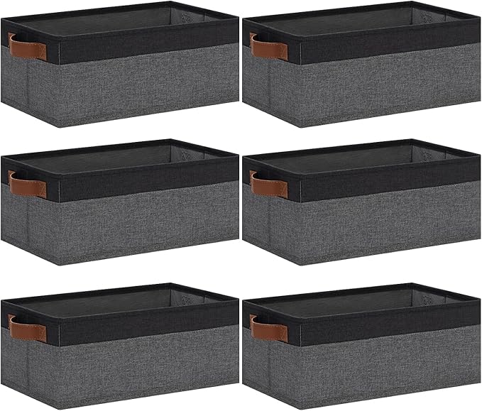 GhvyenntteS Small Fabric Storage Bins with Handles 6 Pack, 11.8" x 7.87" x 5.11" Storage Baskets for Shelves, Baskets for Organizing Clothes Underwear Socks Hats DVDs (Grey/Black)