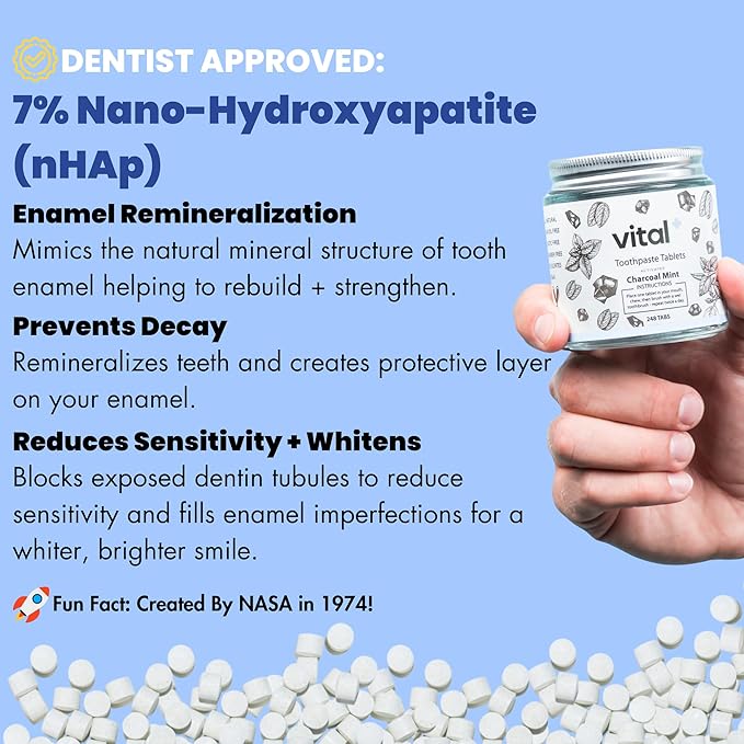 Vital Toothpaste Tabs with Nano-Hydroxyapatite | Naturally Whitens + Remineralizes Teeth | Fluoride & Plastic Free | Combats Sensitivity | Travel & Eco Friendly | Charcoal Mint | 248 Tablets (4 Month)