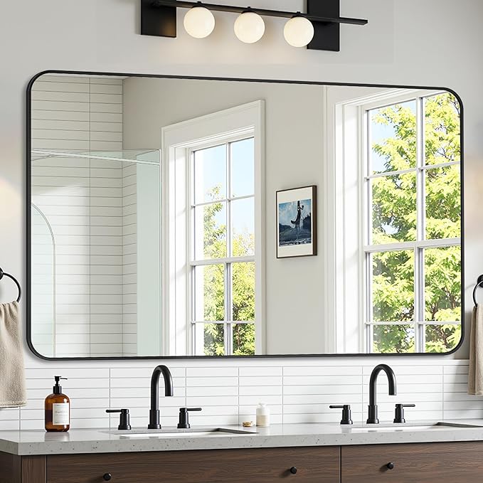 Bathroom Mirror 48" x 30", Large Rectangle Wall Mirror, Black Metal Frame Wall Mounted Mirrors for Bathroom, Vanity, Bedroom, Entryway Decor(Horizontal/Vertical)