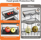 2 Tier Fruit Basket with 2 Banana Hangers, Fruit Bowl for Kitchen Countertop with 2 Wooden Handle, Detachable Metal Fruit Holder for Vegetable Bread with 2 Protective Pads, Black