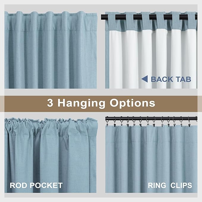 Total Blackout Linen Curtains 96 Inches Long for Bedroom 8 Foot Tall Heavy Thermal Rustic Country Light Blue Black Out Curtains for Living Room Window Drapes Stone Blue Gray Greyish Back Tab 2 Panels