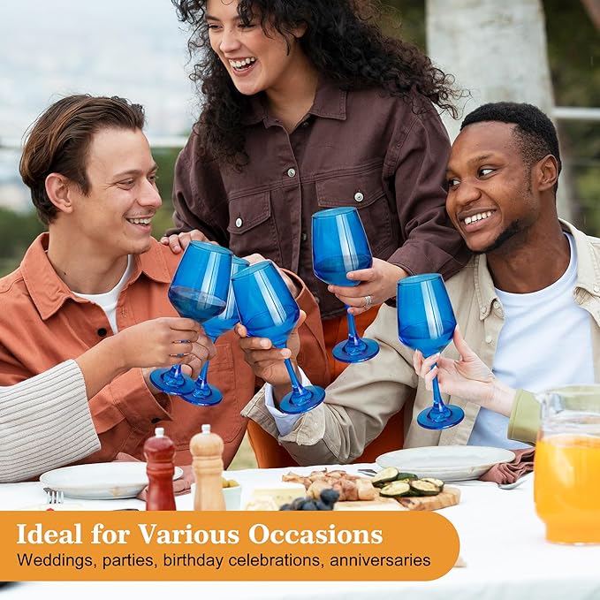 Blue Wine Glasses Set of 6-14oz Blue Long Stem Wine Glass, Pretty Crystal Glassware, Hand Blown Goblets Drinkware, Unique Stemware Wine Glass Holiday Gift Set