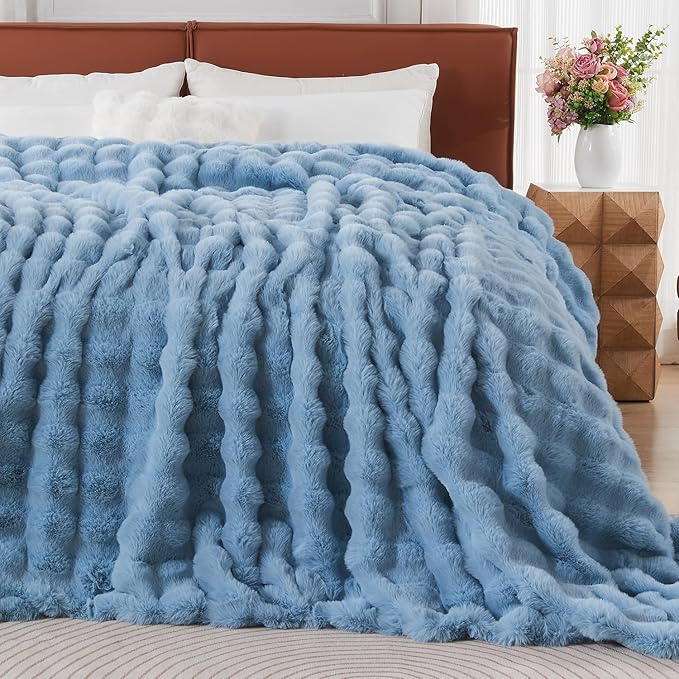 Lotus Karen Faux Fur Throw Blanket Sky Blue - Big Bubble Rabbit Fluff Blanket for Couch Bed Sofa,Softest Fluffy Fuzzy Cozy Blanket,Thick Furry Plush Shaggy Warm Blankets for Women,90x90 Inches