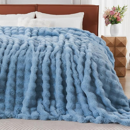 Lotus Karen Faux Fur Throw Blanket Sky Blue - Big Bubble Rabbit Fluff Blanket for Couch Bed Sofa,Softest Fluffy Fuzzy Cozy Blanket,Thick Furry Plush Shaggy Warm Blankets for Women,90x90 Inches