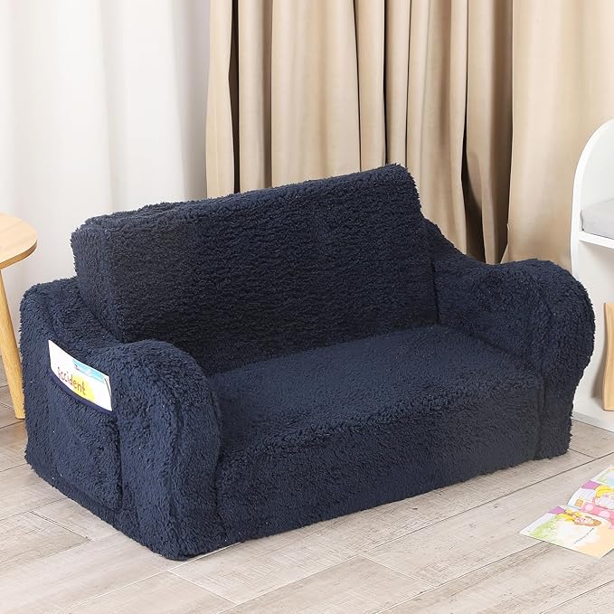 Kids Extra Wide Chairs for Toddler, 2-in-1 Toddler Soft Sherpa Couch Fold Out, Convertible Sofa to Lounger for Girls and Boys, Dark Blue