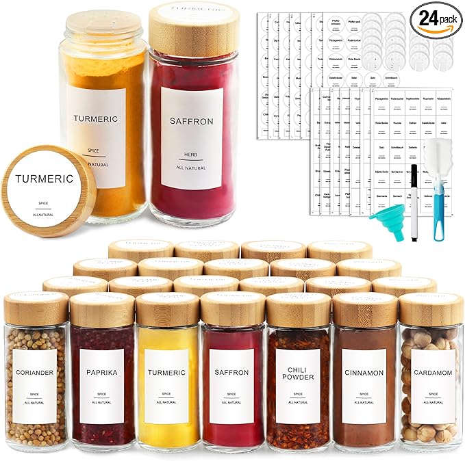 AISIPRIN Glass Spice Jars with 398 Labels-4oz 24 Pcs,Round Seasoning Jars with Bamboo Airtight Lids,Spice Container Set -Shaker Lids, Funnel,Brush and Marker Included