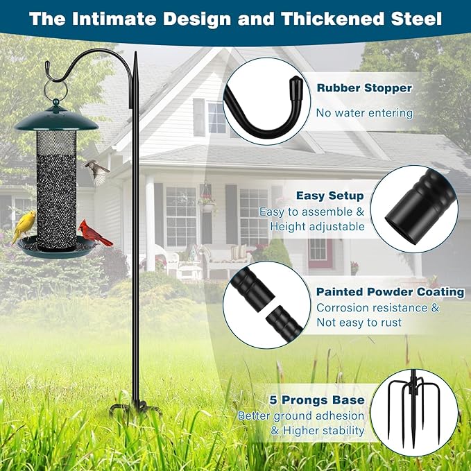 Gtongoko 63 Inch Shepherds Hooks for Outdoor with 5 Prongs Base, Adjustable Bird Feeder Pole Garden Hooks for Hanging Lanterns, Plants Baskets, Hummingbird Feeders, 1 Pack
