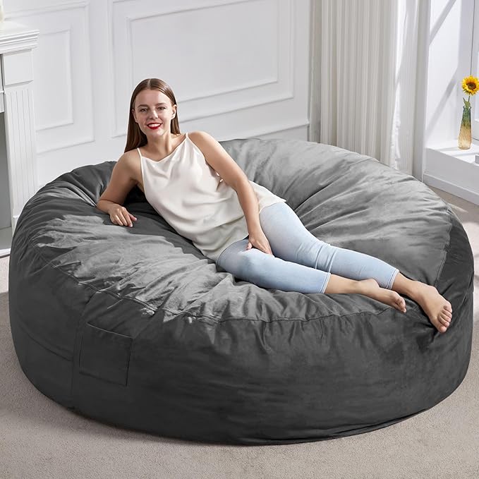 Hobestluk 6FT Bean Bag Chair Bean Bag Chairs for Adults Giant Bean Chairs with Velvet Cover, Memory Foam BeanBag Chair Fluffy BeanBag Chairs for Living Room, Bedroom- Grey (70" x 70" x 15")