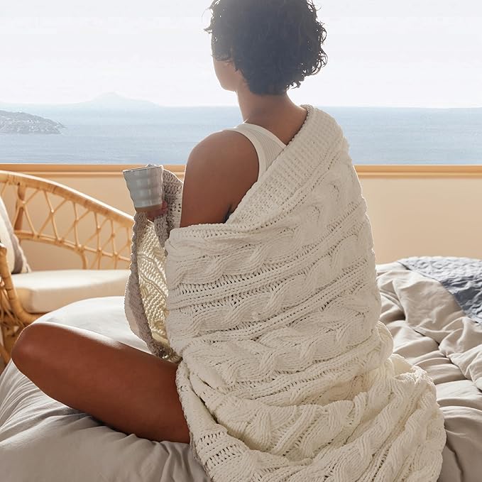 Bedsure Cable Knit Twin Blanket for Couch Bed - Breathable Chenille Chunky Knit Twin Blanket for Decorative Gift, GentleSoft Cozy and Warm for Winter and All Seasons, Cream, 60x80 Inches