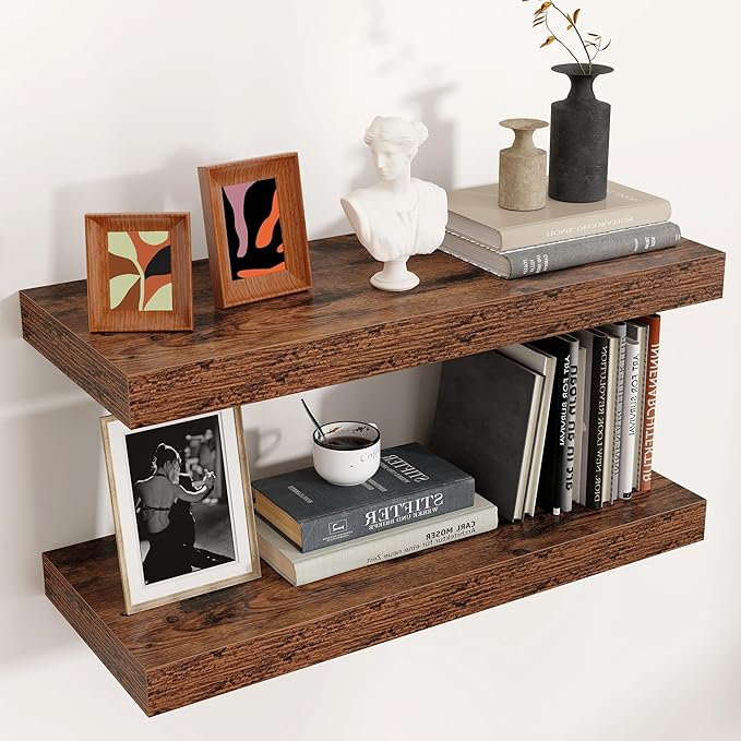 Floating Shelves - 2 Large Wall Mounted Shelves with Invisible Brackets, Long Wood Floating Wall Shelf for Living Room, Bedroom, Kitchen, (Brown, 24" W x 9" D x 1.5" H)