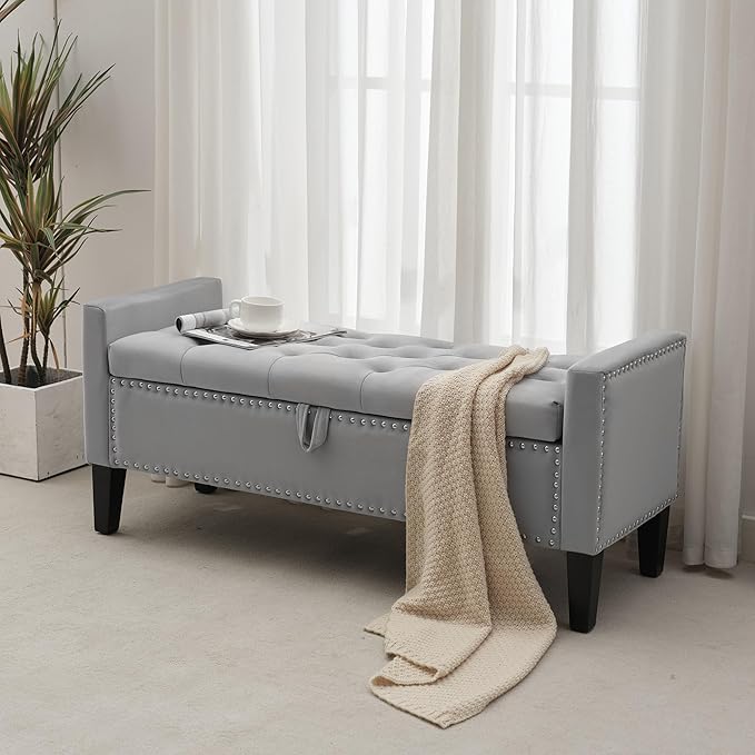 Storage Ottoman Bench, Velvet Upholstered Footstool for Bedroom and Living Room, Tufted Seat with Storage, Wooden Legs & Metal Rivets, Grey