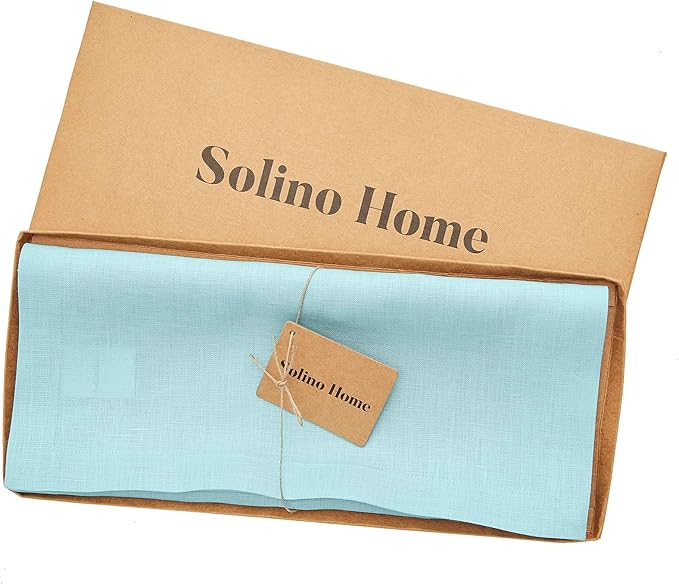 Solino Home Linen Aqua Blue Table Runner 120 Inches Long - 100% Pure Linen 14 x 120 Inch Table Runner for Dining - Fete