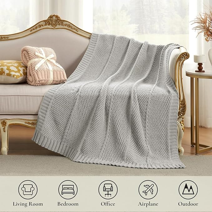 Amélie Home Chenille Knit Throw Blanket for Couch, Chevron Texture Decorative Soft Blanket for Sofa, Bed & Chair, 50"x60", Light Grey