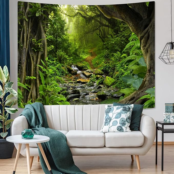AMM Green Rainforest Tapestry Nature Forest Tapestry for Bedroom Aesthetic Misty Tropical Jungle Trees Flowing Stream Landscape Tapestries Wall Hanging for Living Room Dorm 48 x 36 Inch