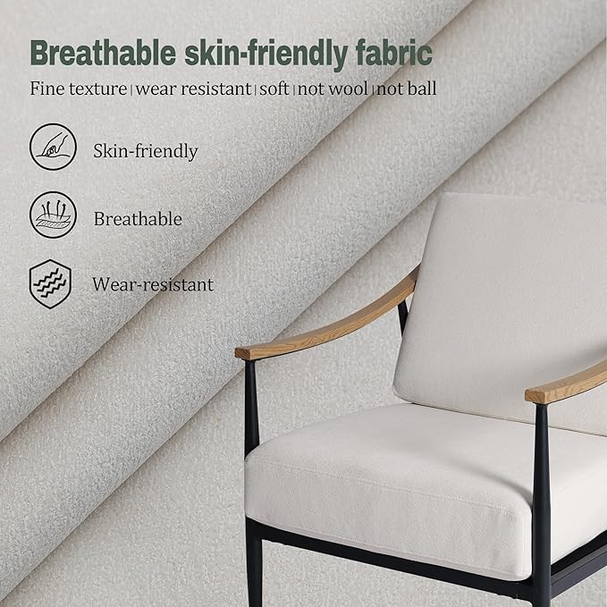 Modern Accent Chairs Set of 2 for Living Room Bedroom Mid Century Arm Chairs Upholstered Office Accent Chairs Comfy Waiting Room Chairs with Metal Frame, Cream White