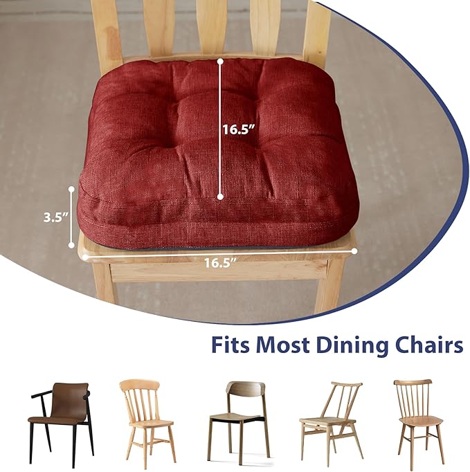 Chair Cushions for Dining Chairs, Dining Chair Cushions, Tufted Indoor Chair Pads with Ties & Non Slip Backing, Seat Cushions for Kitchen Chairs 16.5” x 16.5” x 3.5”, Set of 4, Red