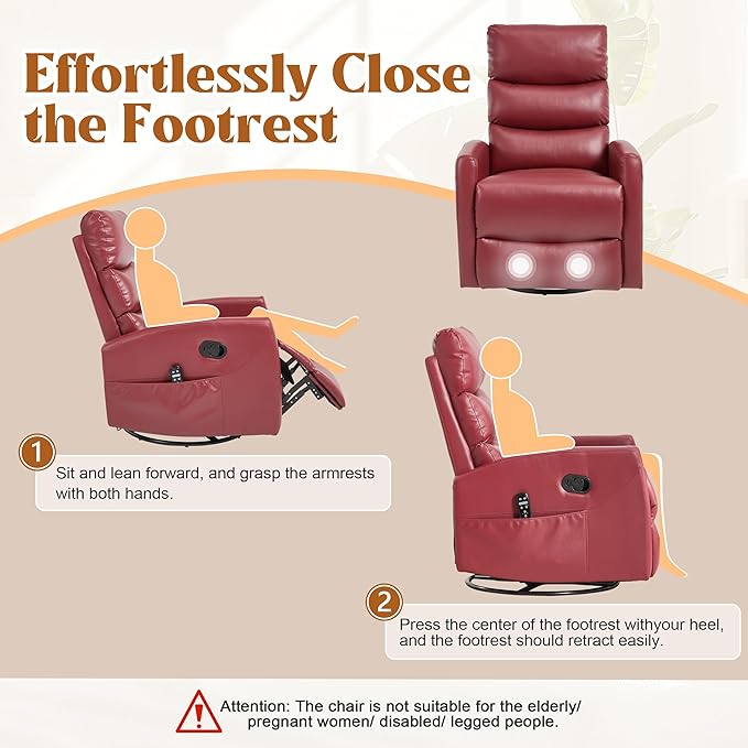 Manual Swivel Rocker Recliner Chair for Adults, Overstuffed Reclining Glider Chair for Nursing with Vibration Massage & Heat, Living Room Rocking Recliner 3-Stage backrest, Faux Leather Red