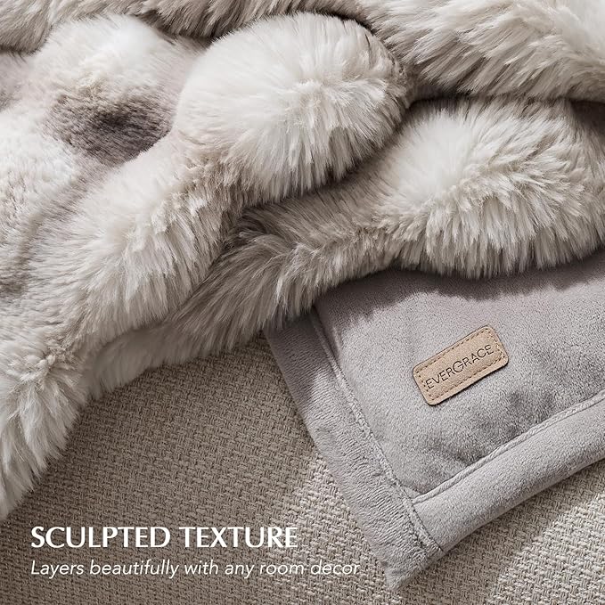 EVERGRACE Ultra Soft Luxury Fluffy Ridgeline Faux Rabbit Fur Throw Blanket, Thick Warm Bubble Throw for Bed, Cozy Plush Reversible Blankets for Couch, Chair, Sofa, Light Grey, 60x80 Inches, 870 GSM