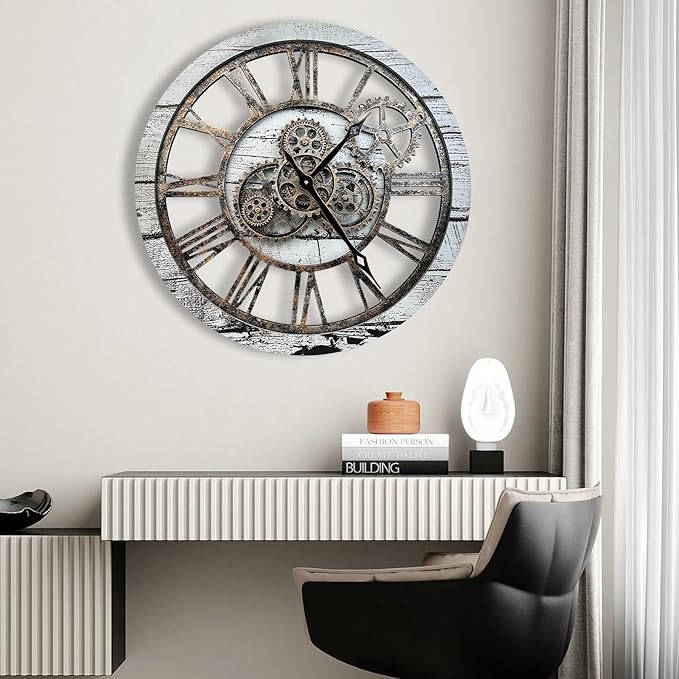 The B-Style Large Wall Clock 24 inch Moving Gear Wall Clock Oversized Vintage Farmhouse Wall Clocks for Living Room Decor Rustic Industrial Wood Clock (Gray and White)