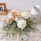 Fake Flowers in Vase, Artificial Flowers with Vase, 15.7'' Floral Arrangements for Dining Table Centerpiece Decor, Silk Roses & Faux Dahlia Bouquet for Farmfouse Kitchen Coffee Table Decor (Brown)