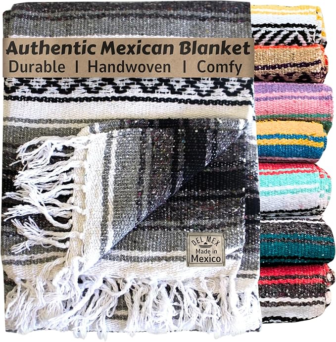Del Mex Classic Mexican Blanket, Large Authentic Woven Falsa Throw (70"x50"), Artisan Southwest Décor for Beach, Yoga, Outdoors (Gray)