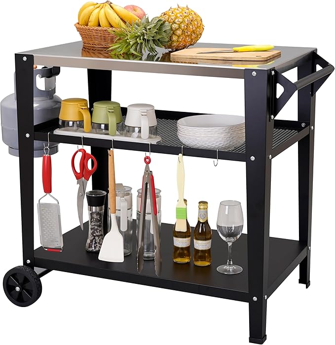 Stainless Steel Outdoor Grill Cart with Wheels, Heavy-Duty 3-Tier BBQ Prep Table for Pizza Oven, Griddle, Patio – Rustproof Commercial Kitchen Cart with Tool Hooks