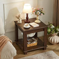 Farmhouse End Table,Large Side Table with 2-Tier Storage Shelf,Rustic Brown End Tables for Living Room,Square Tea Table,Walnut