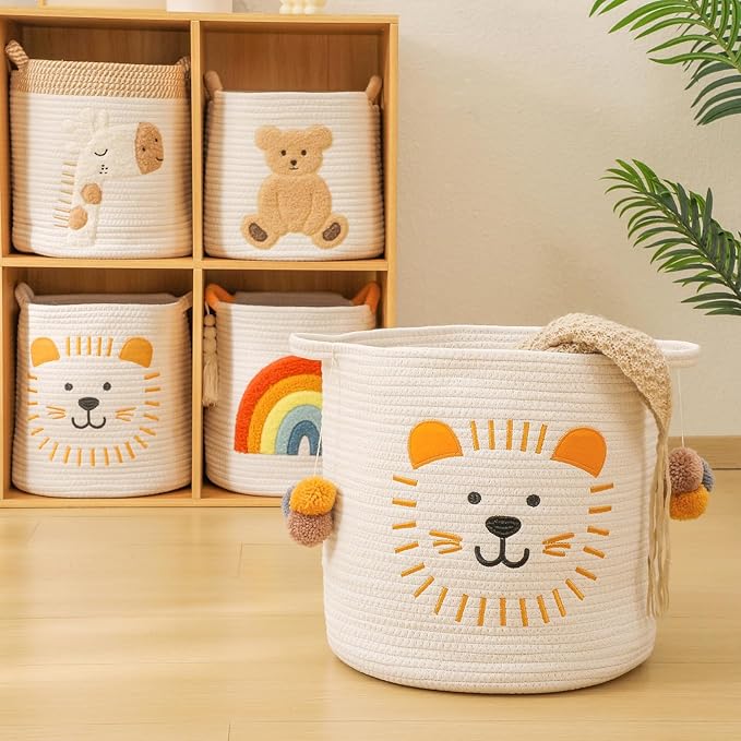 Large Blanket Baskets for Living Room Decor, Toy Storage Baskets Woven Cotton Rope Animal Storage Basket for Kids, Dog Toys Organizer Clothes Hamper with Embroidery Decor for Nursery (Large, Lion)