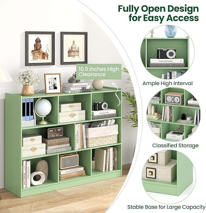 Tangkula 8-Cube Bookcase, Wood 3 Tier Open Storage Bookshelf, Modern Multipurpose Display Cabinet for Living Room, Study, Reading Nook, 48 x 12.5 x 36.5 Inch (Green)