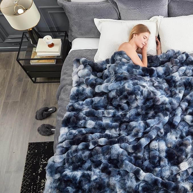 Cozy Bliss Faux Fur Throw Blanket for Couch, Fuzzy Soft Plush Thick Bubble Blanket for Sofa Bedroom Living Room, 90 * 90 Inches Tie Dye Blue