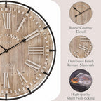 Farmhouse Wall Clock 30 Inch - Rustic Wood Metal Decor, Silent Sweep, Battery Operated for Living Room Kitchen Office, Brown