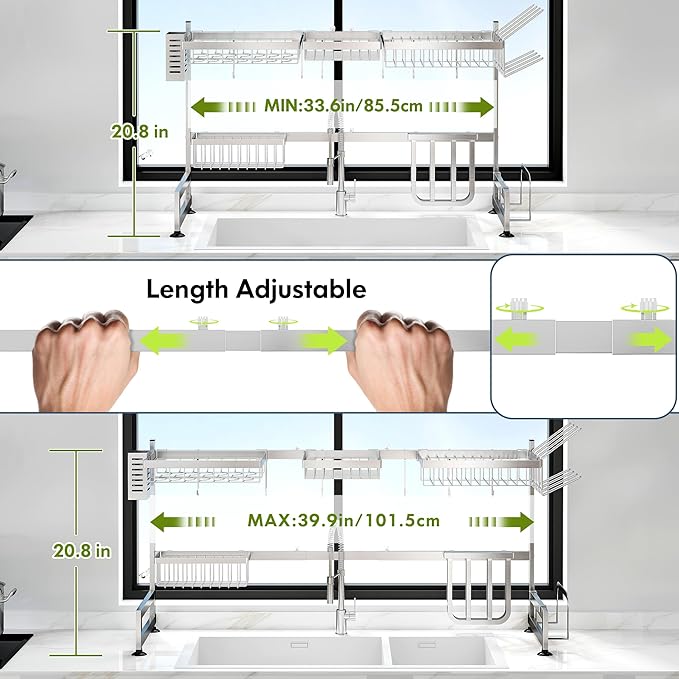 2 Tier Extra Large Stainless Steel Expandable Over The Sink Dish Drainer Drying Rack, Rust Proof Metal, Space Saving, Modern Silver Big Capacity Extendable Plate Strainers Above Kitchen Counter