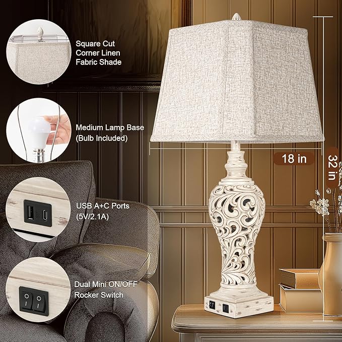 32" Tall Table Lamps Set of 2 - Bedside Lamp with Fabric Shades - for Bedroom and Living Room with USB and Nightlight - Perfect for Nightstands and Bedrooms - Bulbs Included