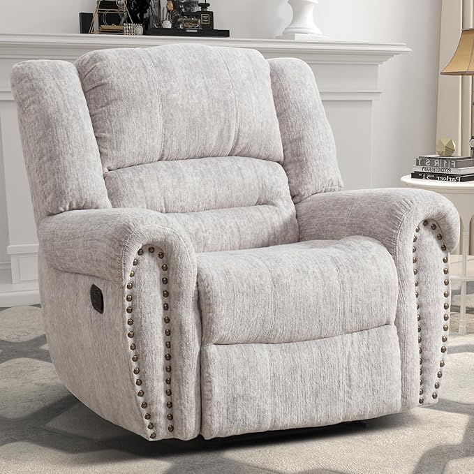 CANMOV Manual Recliner Chair, Classic and Traditional Manual Recliner Chair with Comfortable Arms and Back Single Sofa for Living Room, White Grey